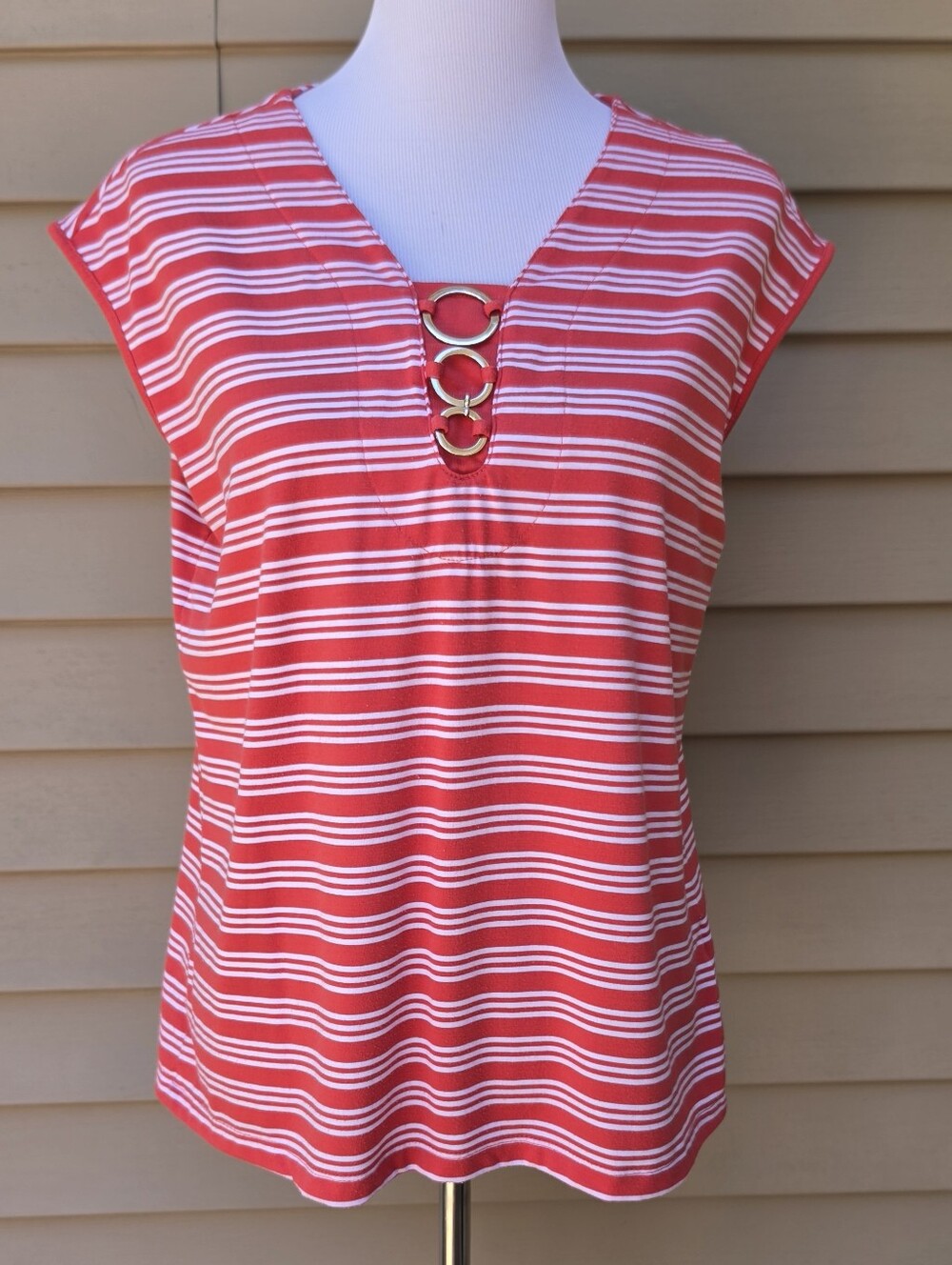 N Touch Red Striped Knit Blouse Neck Embellishment Slight Dolman Sleeves